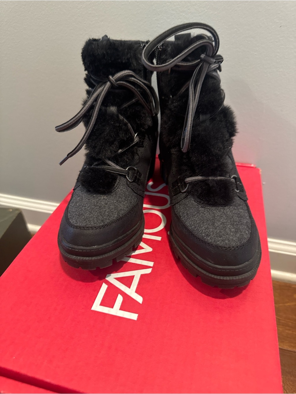 Black Faux-Fur Winter Lace-Up Boots - Women
